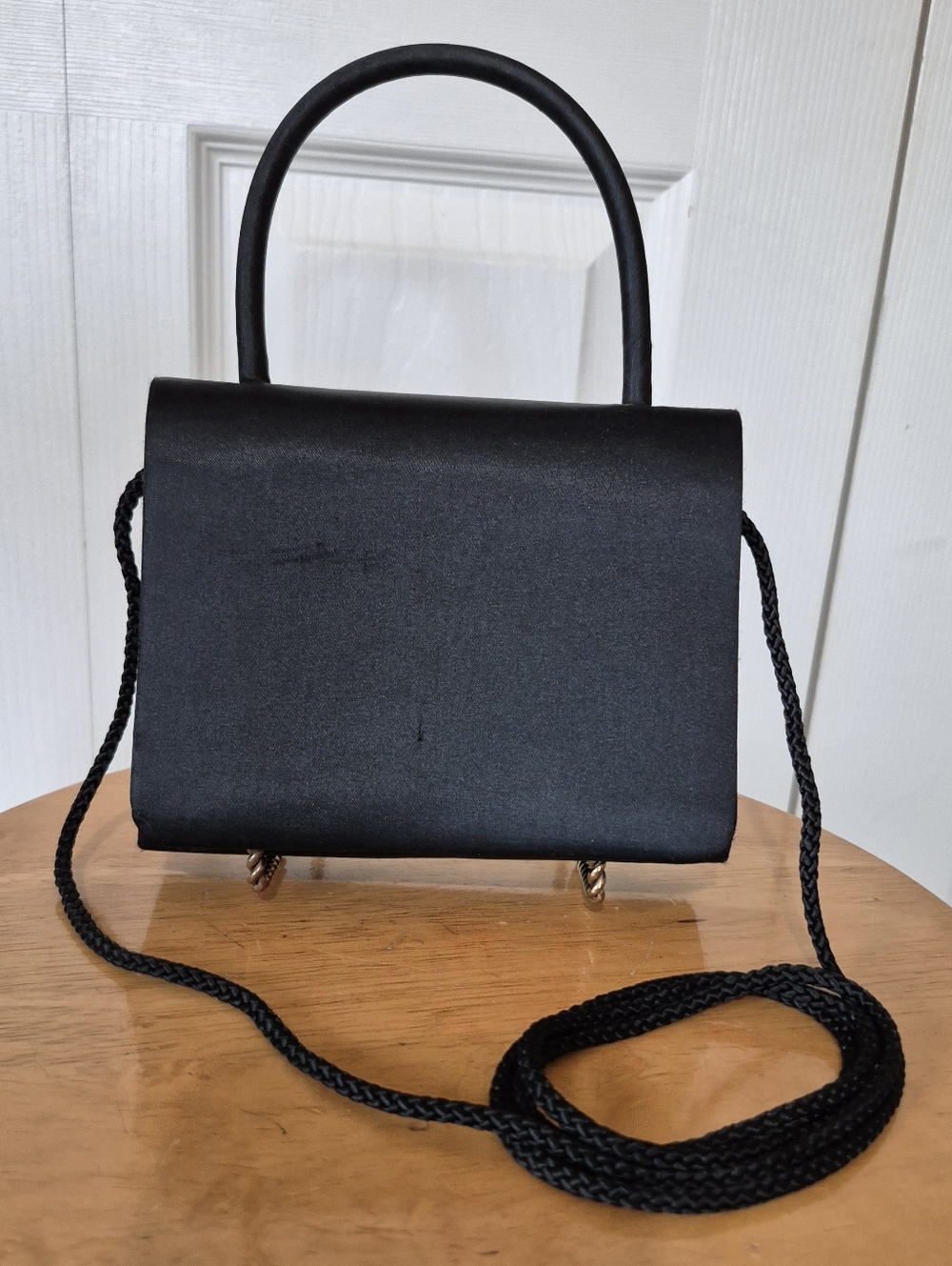 La Regale Black Satin Evening Purse With Top Handle And Croasbody Strap